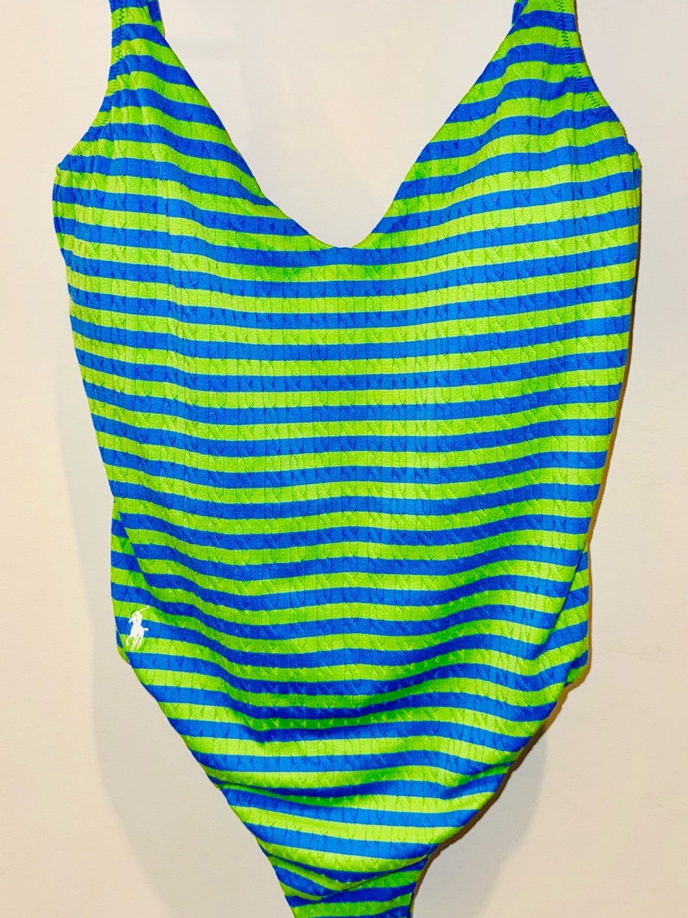 NWT Polo Ralph Lauren XL Cable-Knit Striped One-Piece Swimsuit Blue Green Pony